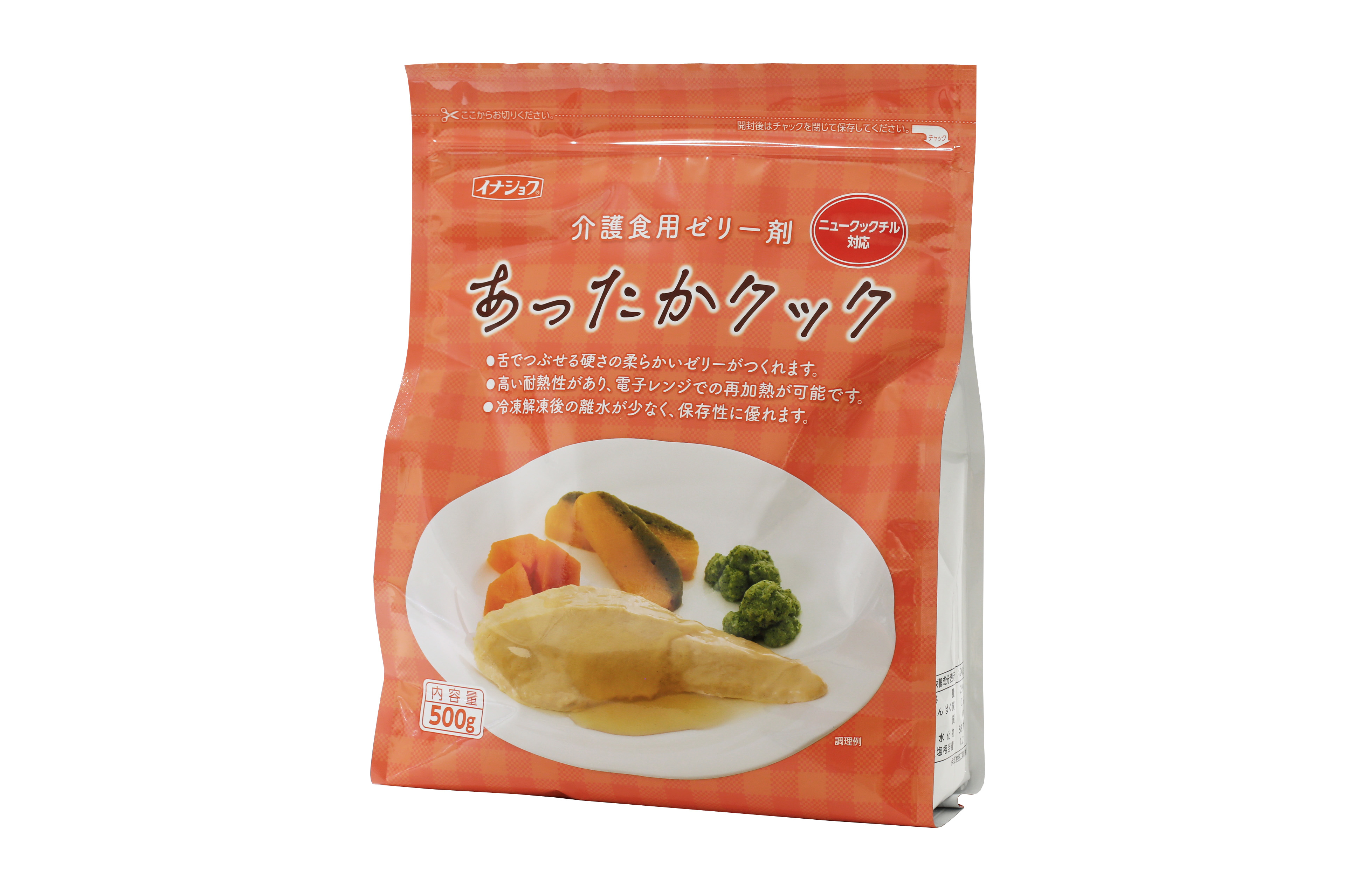 <div class='lum-box'><h4 class='fontColor_blue lum-font-size'>イナショク　あったかクック</h4></div><div class='lum-font-cnt'>・下でつぶせるかたさのやわらかいゼリーがつくれます。
・電子レンジでの再加熱や揚げ物もできます。
・冷凍解凍後の離水が少なく、保存性に優れます。</div>