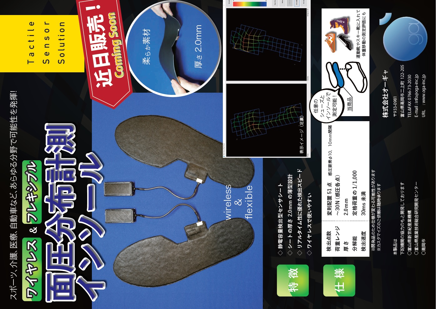 <div class='lum-box'><h4 class='fontColor_blue lum-font-size'>ワイヤレス面圧分布計測インソール</h4></div><div class='lum-font-cnt'>普段お使いの靴の中に入れ込んでいただくだけで、足裏の荷重分布をリアルタイムで計測できるインソールです。</div>
