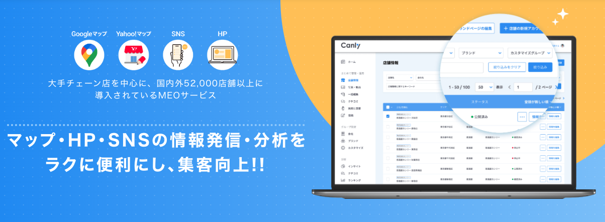<div class='lum-box'><h4 class='fontColor_blue lum-font-size'>店舗情報一括管理サービス「カンリー」</h4></div><div class='lum-font-cnt'>チェーン店を中心に国内外52,000店舗以上に導入される、Googleマップ・HP・SNSといった集客媒体の一元管理ツール「カンリー」を提供しています。 </div>