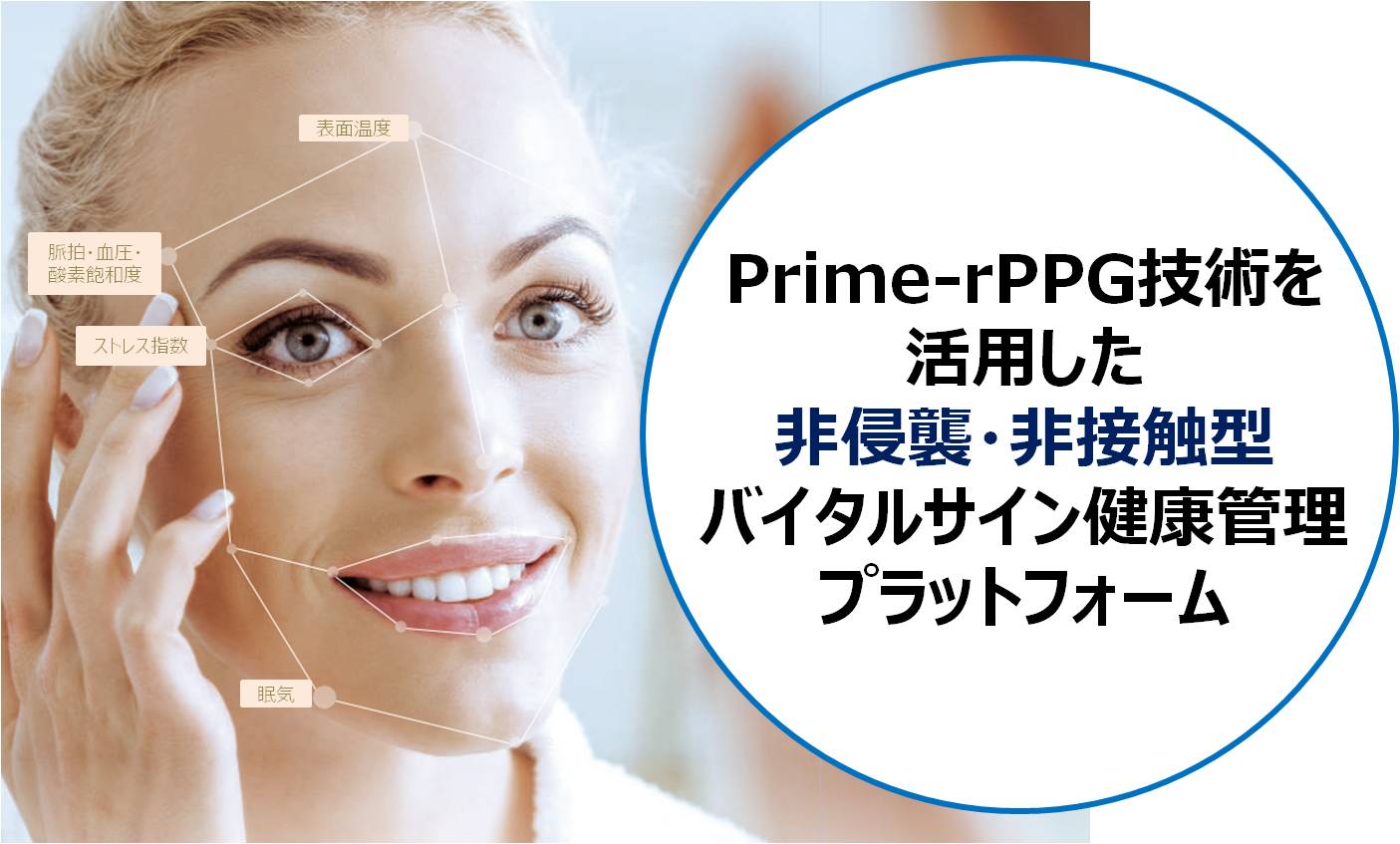 <div class='lum-box'><h4 class='fontColor_blue lum-font-size'>非侵襲・非接触型バイタルサイン測定・管理</h4></div><div class='lum-font-cnt'>非接触型バイタルサイン測定・管理システムは顔画像から血管の振動による形状及び皮膚表皮下色の変化を測定し、独自のアルゴリズムで解析・分析・推定する技術です</div>