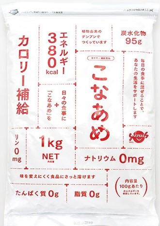 <div class='lum-box'><h4 class='fontColor_blue lum-font-size'>こなあめ</h4></div><div class='lum-font-cnt'>カロリー補給食品です。普段の食事や飲み物に溶かして使用できます。甘みが少なく、たんぱく質やミネラルを含まないため、摂取制限がある方でもカロリー補給が可能です。</div>