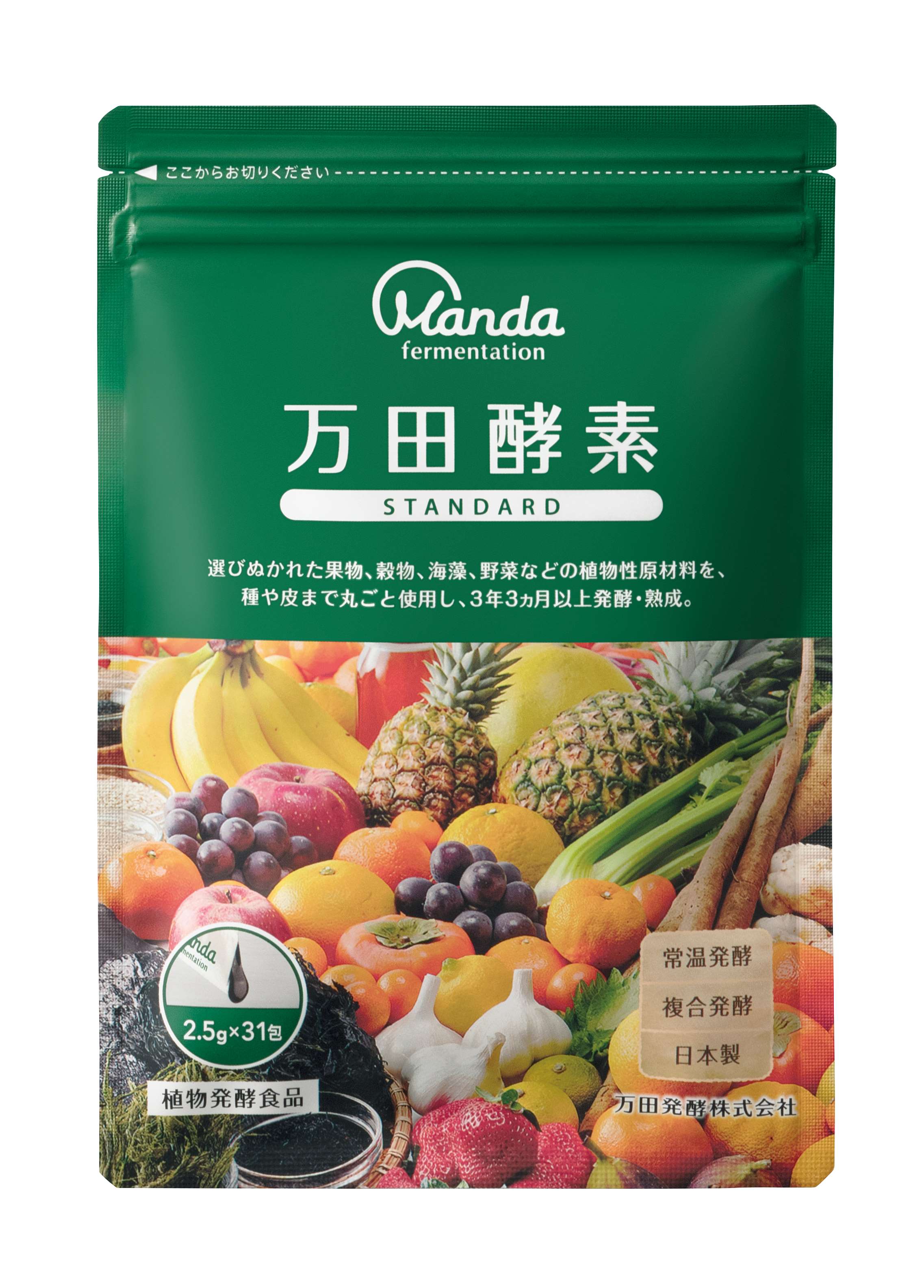 <div class='lum-box'><h4 class='fontColor_blue lum-font-size'>万田酵素STANDARD分包77.5g</h4></div><div class='lum-font-cnt'>54種類の植物性原材料を使用し、果実の皮や種までまるごと発酵・熟成させた万田酵素シリーズ。日本国内を中心に選び抜かれた「果穀藻菜」（「果」…熟した果実、「穀」…豊かな穀物、「藻」…海の藻類、「菜」…大地の栄養をたっぷり含んだ野菜類）を3年3ヵ月以上もの間発酵・熟成。万田酵素元来のまろやかな風味です。食生活改善から健康を目指す方にお勧めする植物発酵食品です。</div>