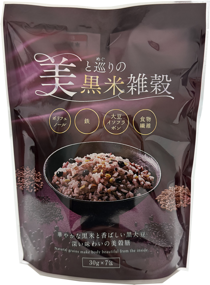 <div class='lum-box'><h4 class='fontColor_blue lum-font-size'>美と巡りの黒米雑穀210g（30g×7包）</h4></div><div class='lum-font-cnt'>女性の心とカラダをケアできるよう栄養価にこだわった黒雑穀です。黒米の華やかな色づきと、香ばしい黒千石大豆による深い味わいの美穀膳をお楽しみください。</div>