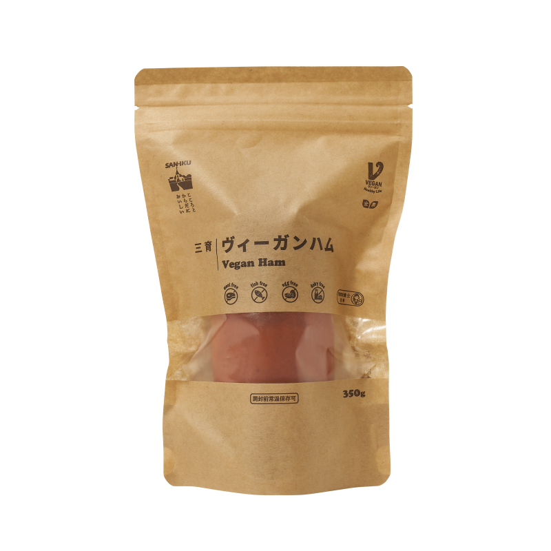 <div class='lum-box'><h4 class='fontColor_blue lum-font-size'>ヴィーガンハム350g</h4></div><div class='lum-font-cnt'>肉、魚、卵、乳製品は不使用。五葷も使用しておりません。開封前は常温で保存できるなど、とても使いやすく、洋風、和風、中華料理にもよく合います。カリッと焼くと一層おいしくなります.
ハラル推奨認定品。</div>