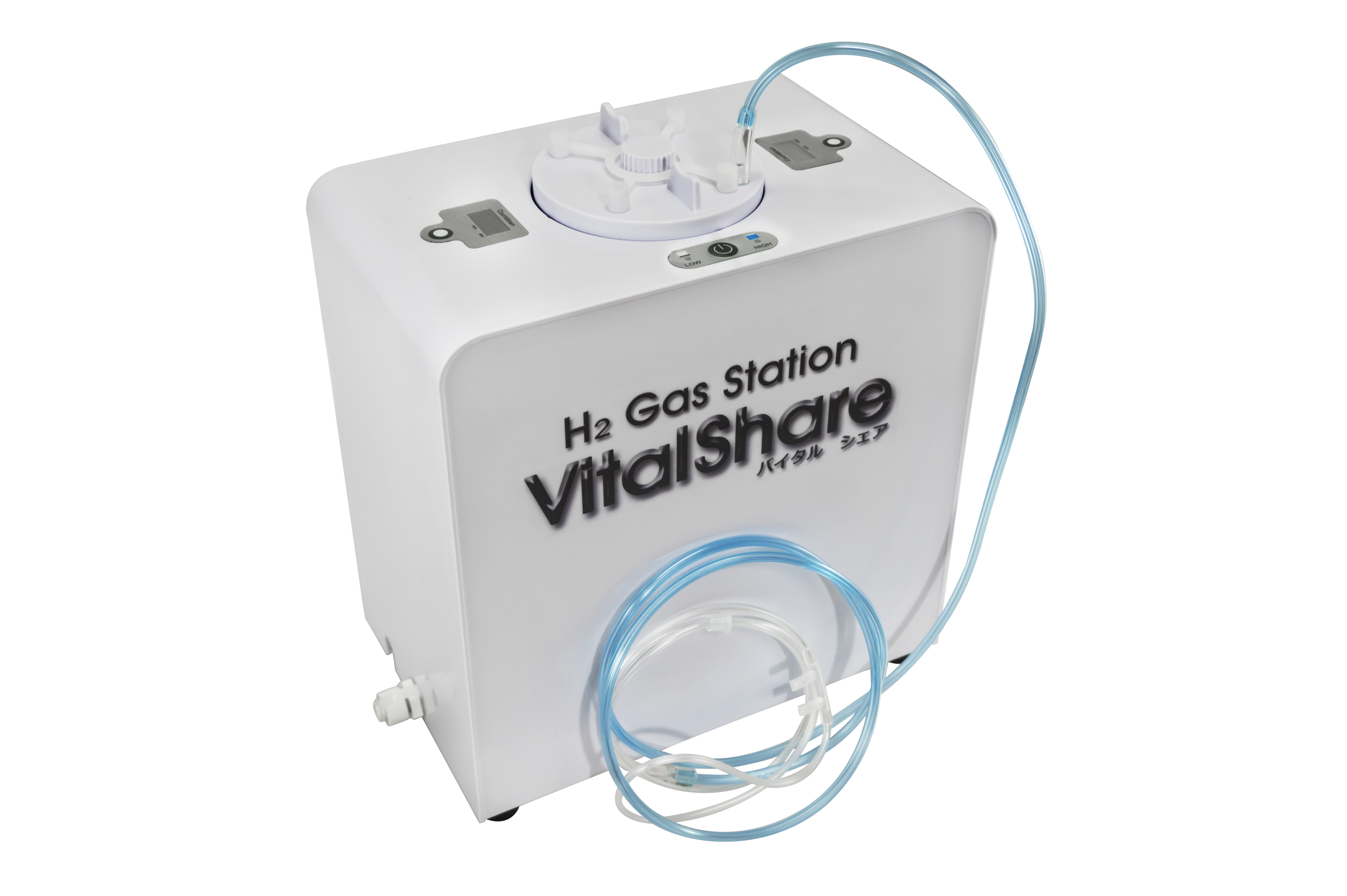 <div class='lum-box'><h4 class='fontColor_blue lum-font-size'>吸入用水素ガス生成器「Vital Share(バイタルシェア)」</h4></div><div class='lum-font-cnt'>1台で最大4人同時に水素ガス吸入が可能な吸入用水素ガス生成器。
4人同時に吸入してもカニューレ鼻腔装着部で水素ガス濃度40,000ppm以上、流量最大750mL/minと本格的です。
水素専門サロンやクリニック、薬局、接骨院、エステサロンでの水素ガス吸入サービスや介護施設等に最適です。</div>