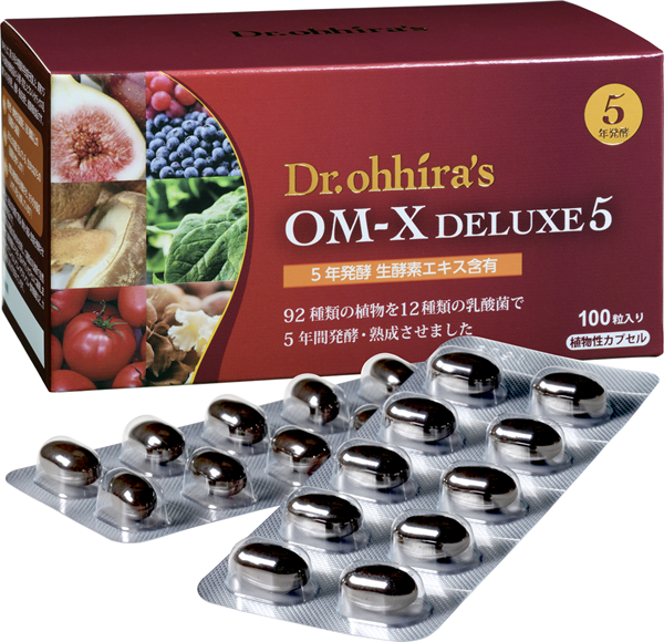 <div class='lum-box'><h4 class='fontColor_blue lum-font-size'>OM-X Deluxe5</h4></div><div class='lum-font-cnt'>92種類の植物原料を12種類の善玉菌で5年間醗酵させた植物醗酵エキスをソフトカプセルに充填しました。独自の醗酵技術により、「プロバイオティクス」「プレバイオティクス」「ポストバイオテイクス」の3つのバイオティクスを全て含む『スリーバイオティクス™サプリメント』です。</div>