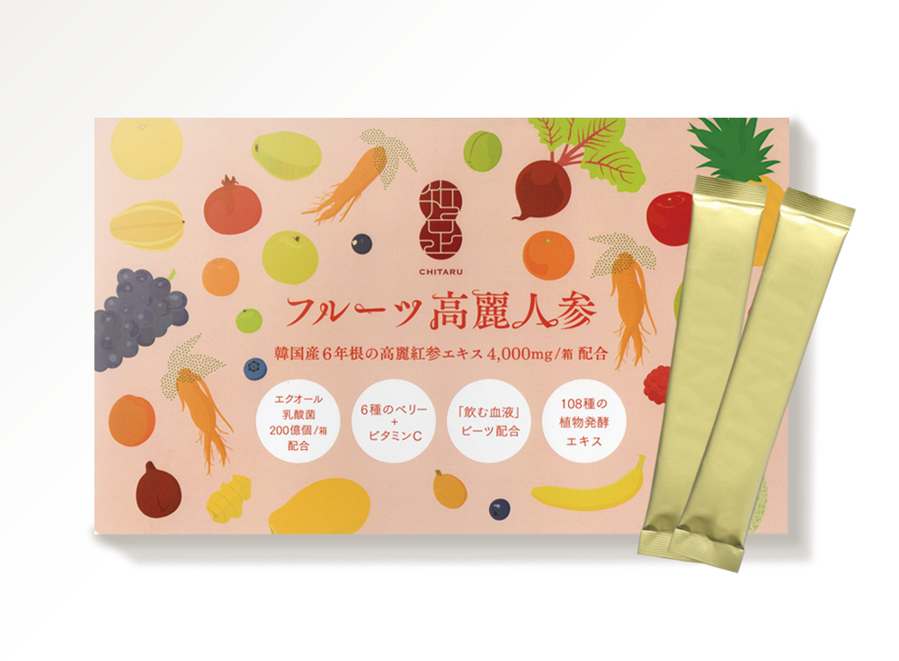 <div class='lum-box'><h4 class='fontColor_blue lum-font-size'>フルーツ高麗人参（7包入/20包入）</h4></div><div class='lum-font-cnt'>■高麗人参の苦みや飲みにくさを無くし、爽やかなザクロとベリー味に仕上げた粉末健康飲料
■高麗人参だけでなく、女性に嬉しい成分を配合したリッチで斬新なドリンク
■女性に多い冷えや血流改善、ホルモンバランスの乱れへアプローチできるよう高麗人参を中心に設計
</div>