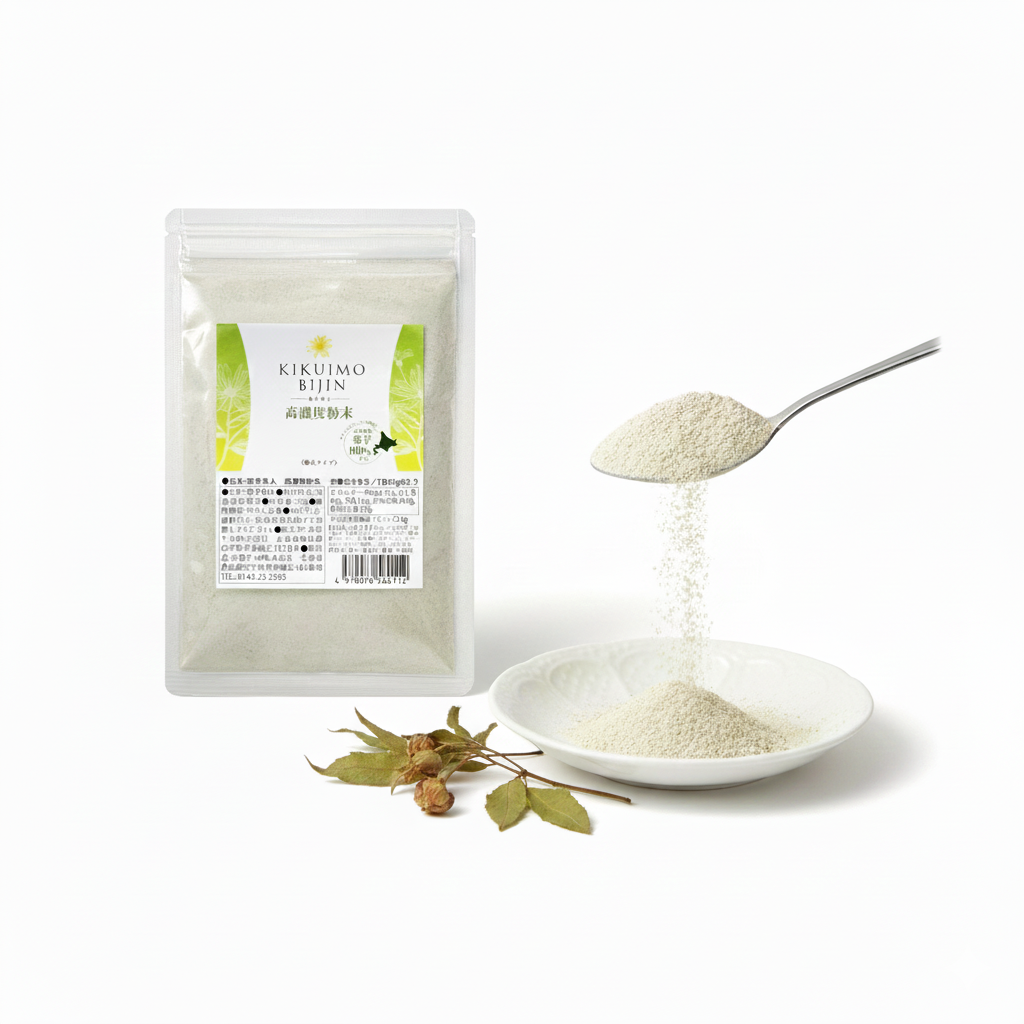 <div class='lum-box'><h4 class='fontColor_blue lum-font-size'>菊芋美人　高濃度粉末50ｇ</h4></div><div class='lum-font-cnt'>北海道産の紫菊芋を乾燥・濃縮し、手軽に摂取できる粉末状に仕上げました。料理や飲み物に手軽に混ぜてお召し上がりいただけます。食物繊維やミネラルも豊富で、おなかの調子を整え、美容にも効果があります。1袋あたりイヌリン23.8gを含有しています。</div>