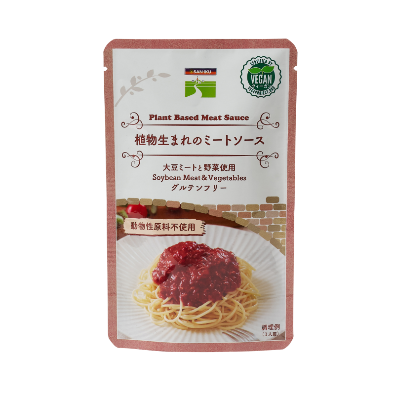<div class='lum-box'><h4 class='fontColor_blue lum-font-size'>植物生まれのミートソース140ｇ</h4></div><div class='lum-font-cnt'>大豆たん白を使用し、たまねぎ・にんじんをトマトケチャップでじっくり煮込んだマイルドタイプのソース。一番しぼりなたねサラダ油、北海道産甜菜の含有糖を使用、グルテンフリー対応、ハラル推奨認定品。</div>